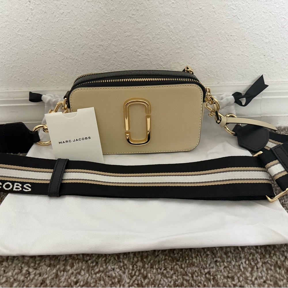 Marc Jacobs Snapchat Cream and Black Crossbody Bag with Striped Strap